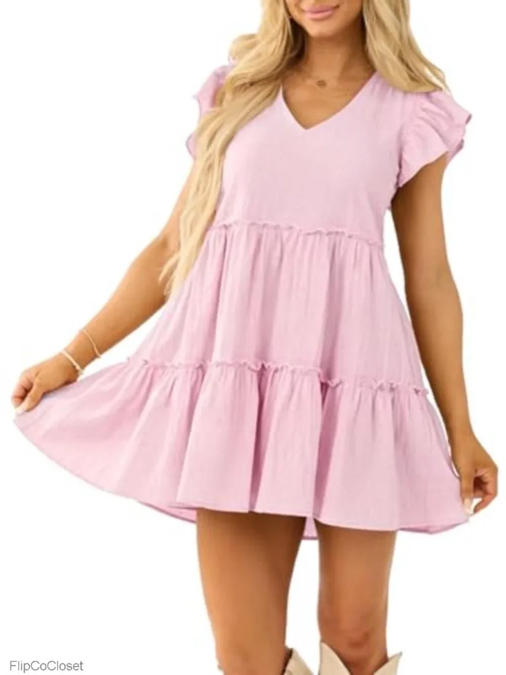 Summer Ruffle Sleeve Flowy Babydoll Mini Dress V Neck Tie Back A Line Tiered